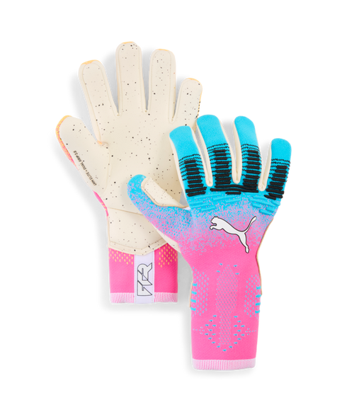 A pair of Puma goalkeeper gloves. One shows the speckled beige palm; the other shows a pink-to-blue gradient backhand with a white Puma logo and black textured finger grips.