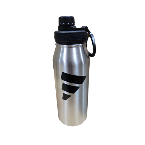 Silver stainless steel Adidas water bottle with a black screw-on lid, carrying loop, and black logo on the side.