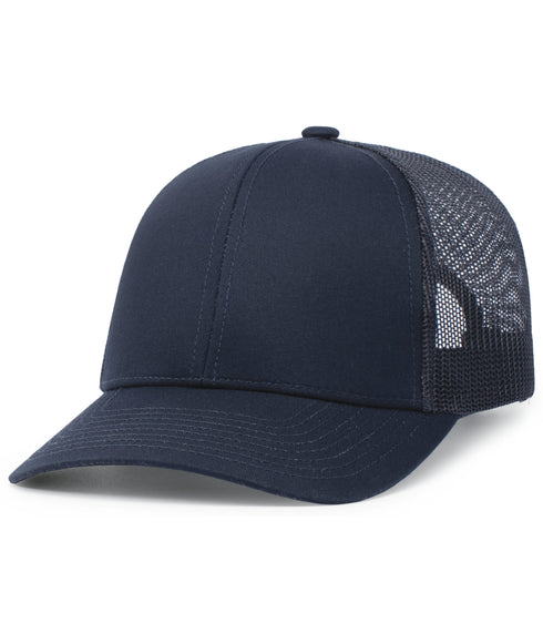 A navy blue trucker hat with solid front panels and a matching mesh back, pictured at an angle against a white background.