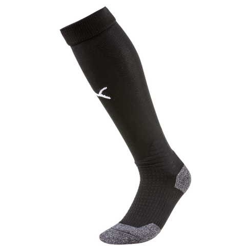 A black knee-high athletic sock with a white logo on the shin and grey reinforced heel and toe sections.