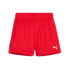 A pair of bright red Puma athletic shorts featuring an elastic waistband and a white Puma logo on the front right leg.