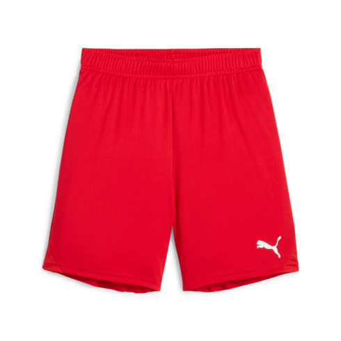 Bright red Puma athletic shorts with a white logo on the lower leg and an elastic waistband.
