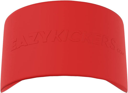 A bright red, arched Eazy Kickers Shoe Band Lace Cover featuring embossed branding across its smooth, flexible surface.