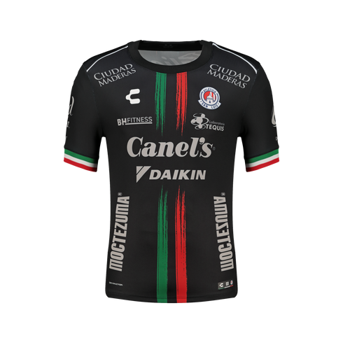 Black Atlético San Luis soccer jersey featuring green and red vertical brushstroke stripes, tri-color sleeve trim, and various white sponsor logos like Canel's and Daikin.