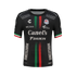 Black Atlético San Luis soccer jersey featuring green and red vertical brushstroke stripes, tri-color sleeve trim, and various white sponsor logos like Canel's and Daikin.