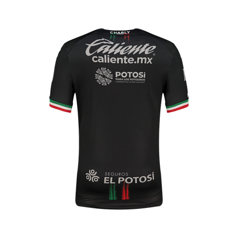 Back view of a black Charly soccer jersey with white sponsor logos. Features green, white, and red stripes on the sleeve cuffs and collar, inspired by the Mexican flag.