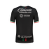 Back view of a black Charly soccer jersey with white sponsor logos. Features green, white, and red stripes on the sleeve cuffs and collar, inspired by the Mexican flag.