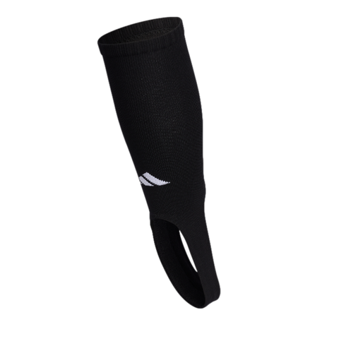A black Adidas stirrup leg sleeve featuring a white brand logo and a bottom loop that goes under the foot, displayed against a plain white background.