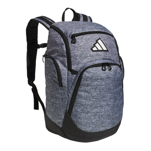 A gray heathered Adidas backpack with black accents, multiple zippered compartments, and a white three-stripe logo on the front.