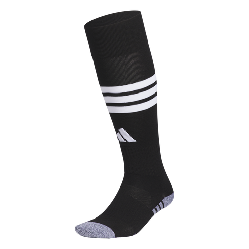 Black Adidas knee-high soccer sock with three white stripes, a white logo on the shin, and grey speckled toe and heel sections.