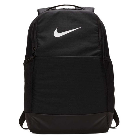 A black Nike backpack featuring a prominent white swoosh logo on the front, with mesh side pockets and a durable base.