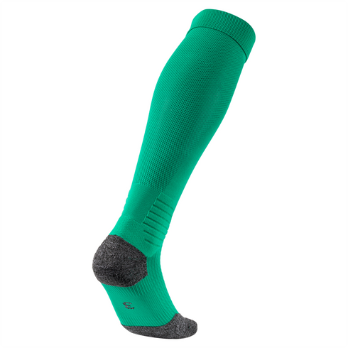 Emerald green knee-high athletic sock with charcoal grey heathered heel and toe. Features a ribbed cuff and textured knit panels.
