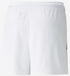 Rear view of white athletic shorts with an elastic waistband and a center seam.