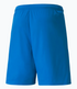 Rear view of a pair of bright blue athletic shorts featuring an elastic waistband and a vertical center seam.