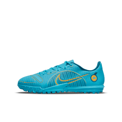 Side view of a bright cyan Nike Mercurial turf soccer shoe with orange accents and logo.