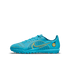 Side view of a bright cyan Nike Mercurial turf soccer shoe with orange accents and logo.