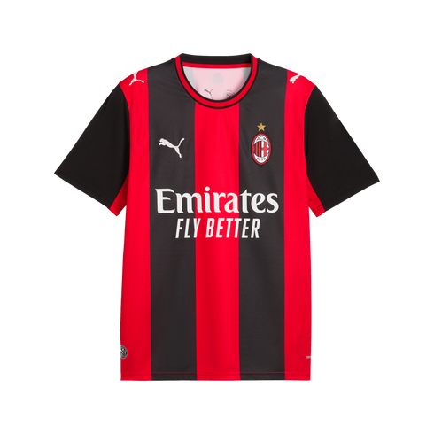 AC Milan home football jersey featuring red and black vertical stripes, solid black sleeves, the club crest, and white Puma and Emirates sponsor logos.