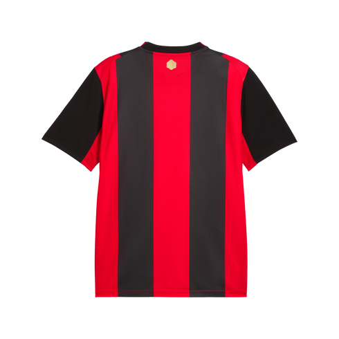 Back view of a red and black vertically striped short-sleeve jersey with a small gold emblem near the collar, set against a plain white background.