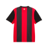 Back view of a red and black vertically striped short-sleeve jersey with a small gold emblem near the collar, set against a plain white background.