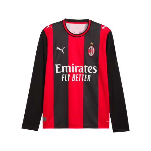 A long-sleeved AC Milan home jersey with red and black vertical stripes, Puma logo, club crest, and white Emirates sponsor branding. Features solid black sleeves.