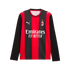 A long-sleeved AC Milan home jersey with red and black vertical stripes, Puma logo, club crest, and white Emirates sponsor branding. Features solid black sleeves.