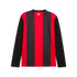 Back of a long-sleeved jersey with red and black vertical stripes on the torso and solid black sleeves. A small gold emblem is centered near the neckline.