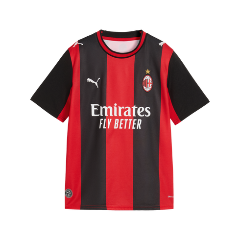 A short-sleeve AC Milan soccer jersey features vertical red and black stripes, the Puma logo, the club crest, and a white "Emirates FLY BETTER" sponsor logo across the center.