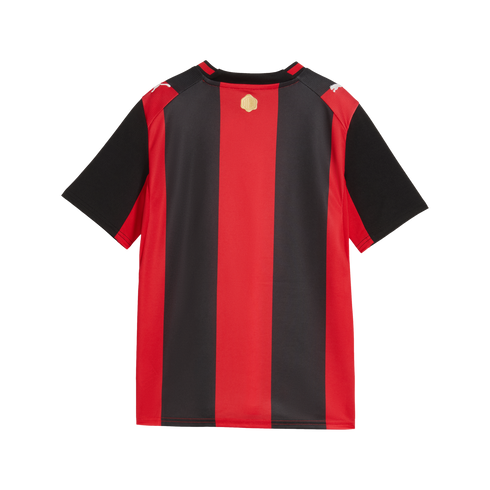 Back view of a red and black vertically striped soccer jersey with black sleeves, featuring white Puma logos on the shoulders and a small gold emblem on the back neck.