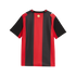 Back view of a red and black vertically striped soccer jersey with black sleeves, featuring white Puma logos on the shoulders and a small gold emblem on the back neck.