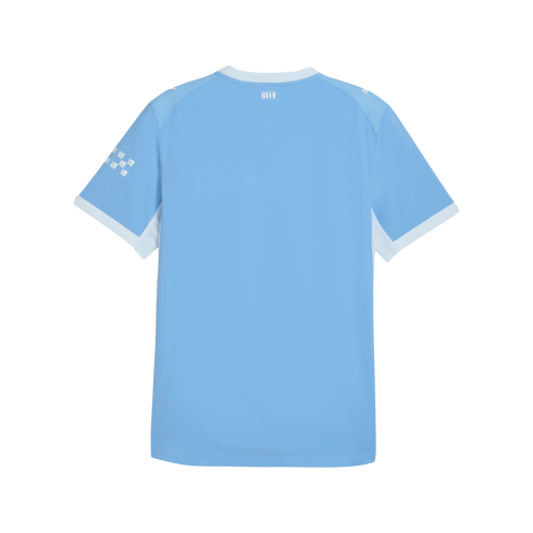 Back view of a sky-blue football jersey with white crew neck, "CITY" text on the upper back, and a white checkerboard graphic on the left sleeve.