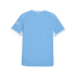 Back view of a sky-blue football jersey with white crew neck, "CITY" text on the upper back, and a white checkerboard graphic on the left sleeve.