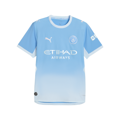Manchester City light blue football jersey with a gradient fade to white. Features the club crest, Puma logo, and silver Etihad Airways sponsor text.
