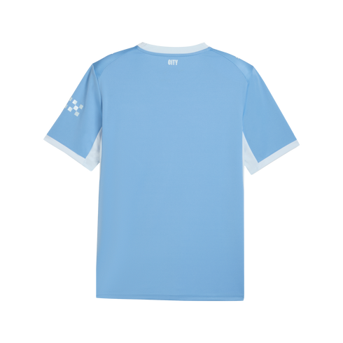 Back view of a light blue short-sleeved soccer jersey with white trim on the collar and sleeves. The word "CITY" is printed in small white letters below the neckline.