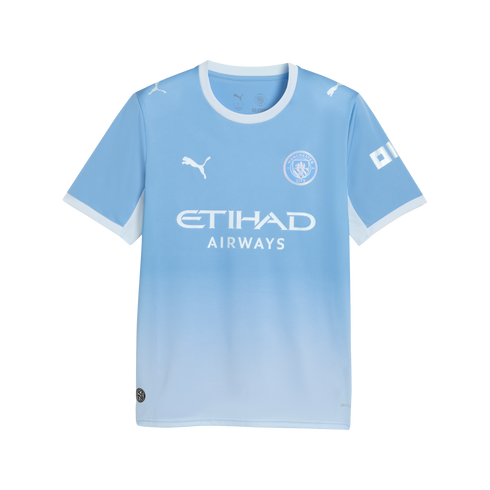 A light blue Manchester City home jersey with white trim, featuring the team crest, Puma logo, and Etihad Airways sponsor against a subtle blue gradient.