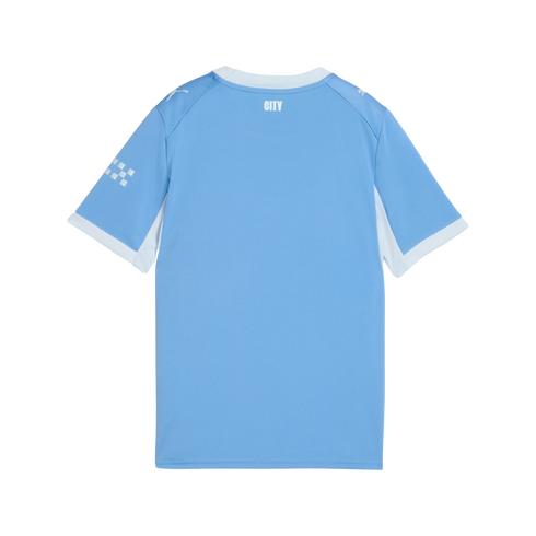 Back view of a light blue short-sleeved football jersey with white trim, "CITY" printed on the back neck, and Puma logos on the shoulders.