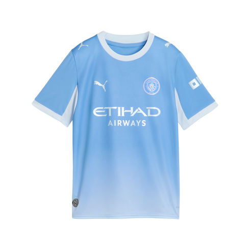 A light blue Manchester City soccer jersey with white trim on the collar and sleeves, featuring silver Puma, Etihad Airways, and club crest logos.