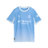 A light blue Manchester City soccer jersey with white trim on the collar and sleeves, featuring silver Puma, Etihad Airways, and club crest logos.