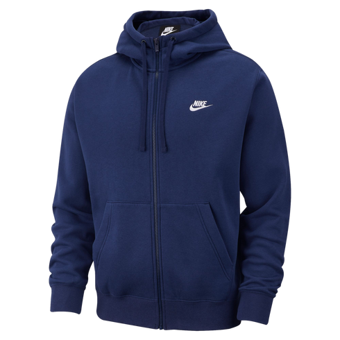 A navy blue Nike full-zip hoodie featuring a white logo on the chest, drawstrings, and front kangaroo pockets.