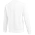 Rear view of a plain white crew neck sweatshirt with ribbed cuffs and hem.