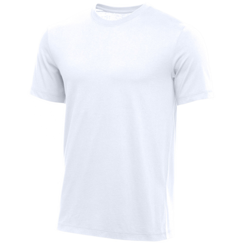 A plain white short-sleeved crew neck t-shirt displayed in a three-quarter view.