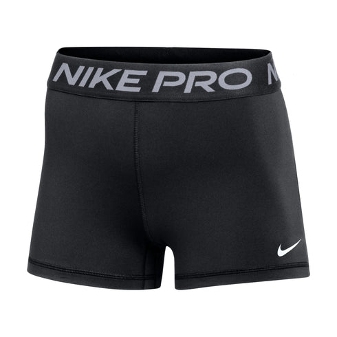 Black Nike Pro athletic compression shorts with a thick waistband reading "NIKE PRO" in grey and a small white swoosh logo on the lower right leg.