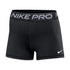 Black Nike Pro athletic compression shorts with a thick waistband reading "NIKE PRO" in grey and a small white swoosh logo on the lower right leg.