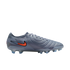 Profile view of a grey Nike soccer cleat featuring a textured upper, an orange and blue swoosh, and translucent blue studs, set against a solid black background.