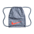 A grey Nike drawstring bag with an orange swoosh. It features a multilingual "Nike soccer" text pattern and grey cords, set against a black background.