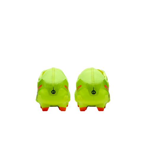 Back view of a pair of neon green soccer cleats with orange studs against a black background.