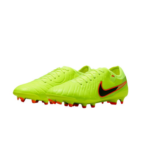 Bright neon yellow Nike soccer cleats featuring a black swoosh with a red outline and red studs, set against a solid black background.