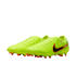 Bright neon yellow Nike soccer cleats featuring a black swoosh with a red outline and red studs, set against a solid black background.