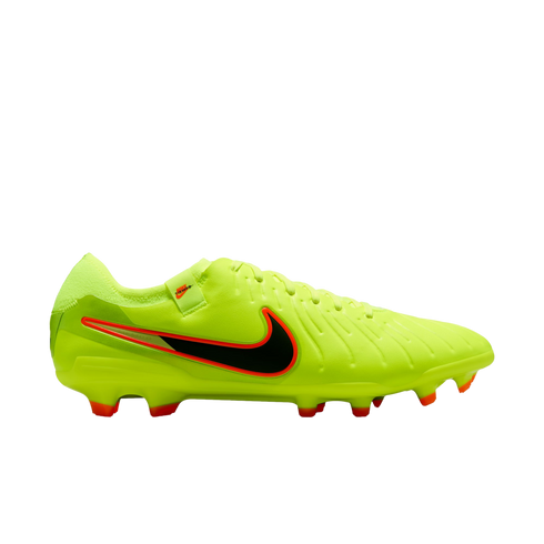 Neon yellow Nike Tiempo soccer cleat with a black swoosh outlined in orange, shown from the side on a black background.
