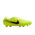 Neon yellow Nike Tiempo soccer cleat with a black swoosh outlined in orange, shown from the side on a black background.