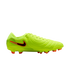 A neon yellow Nike soccer cleat with a black swoosh outlined in orange, featuring orange-tipped studs on a black background.